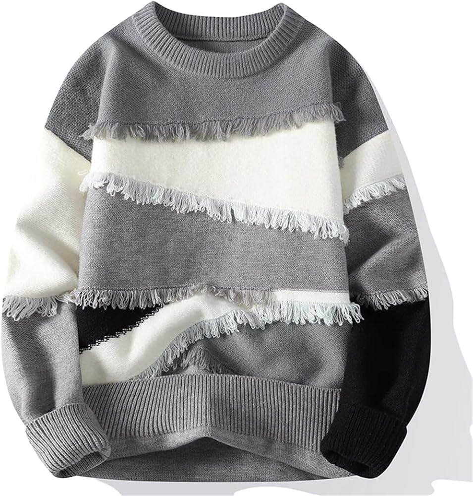 BrazilPrints Fringe-Stripe Knit Sweater – Modern Grey & Cream Textured Style