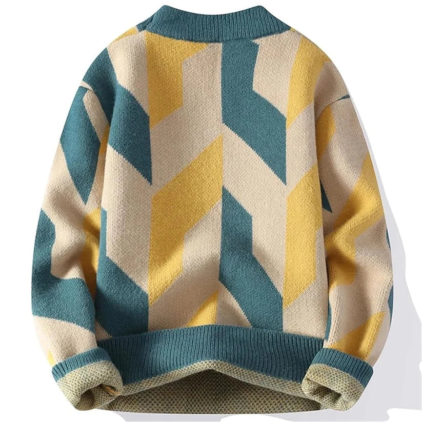 BrazilPrints “Geo Retro” Knit Sweater – Teal & Mustard