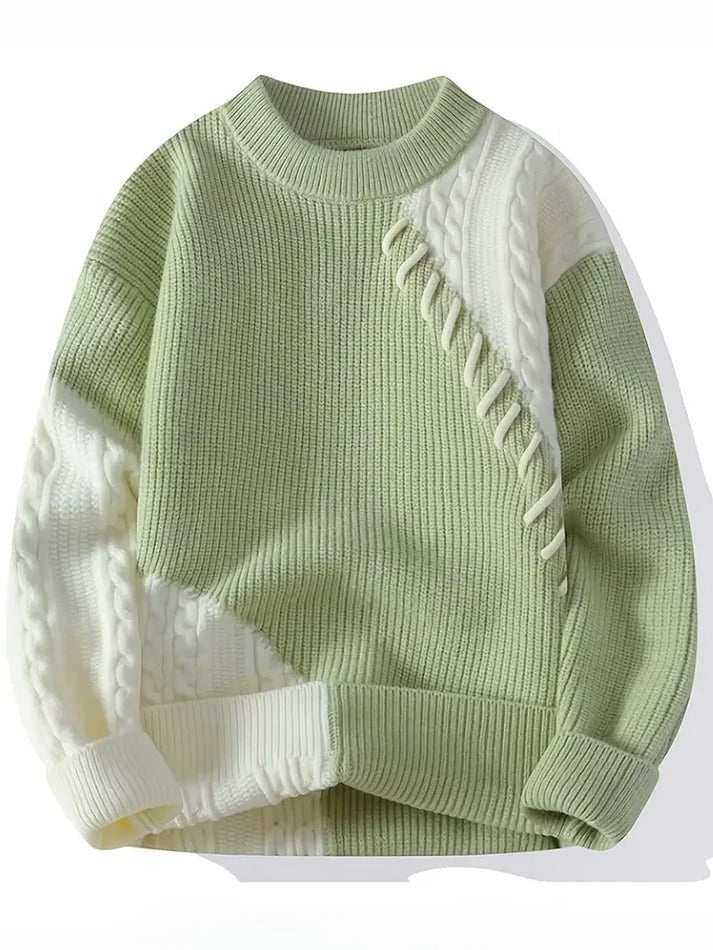 BrazilPrints Pastel Patch Knit Sweater – Soft Green & Cream Comfort
