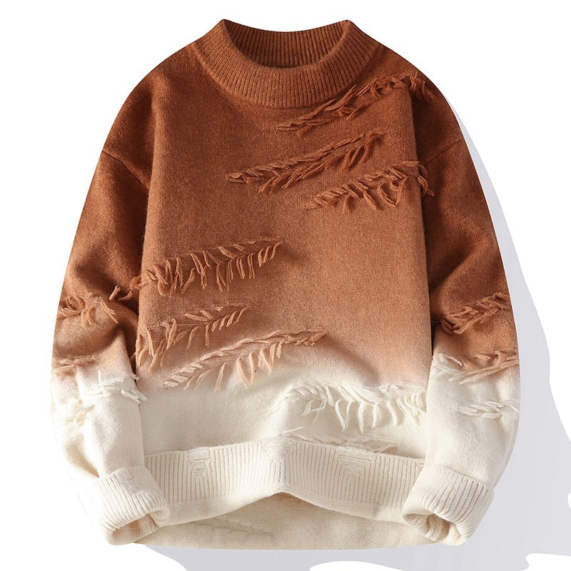 BrazilPrints Ombre Leaf Knit Sweater – Warm Brown & Cream Gradient Design